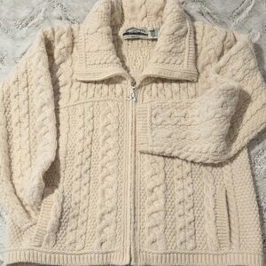 Aran Crafts Ireland Womens Cable Knit Full Zip Cardigan Merino Wool Size L Ivory